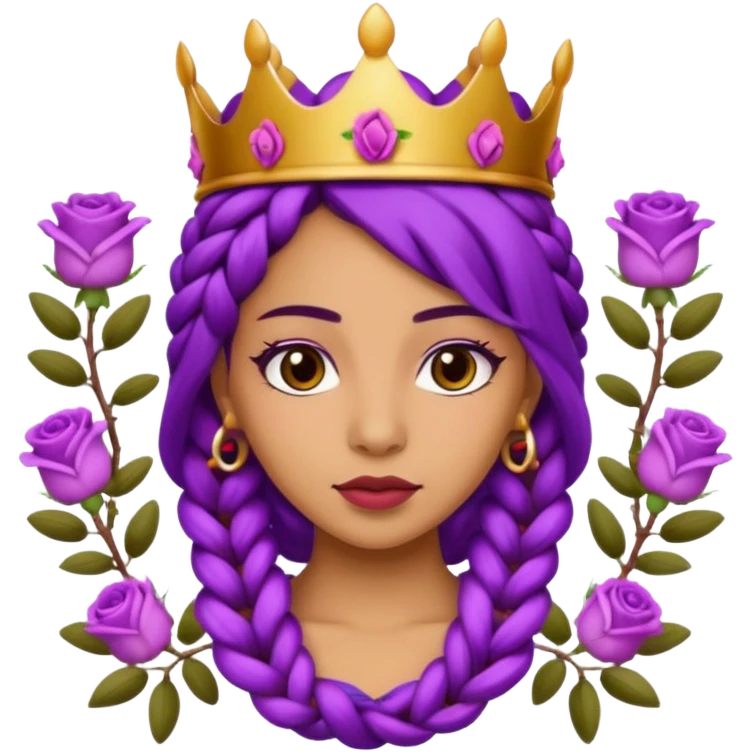 Crown Olive skin queen with purple braids, brown eyes surrounded by roses emoji