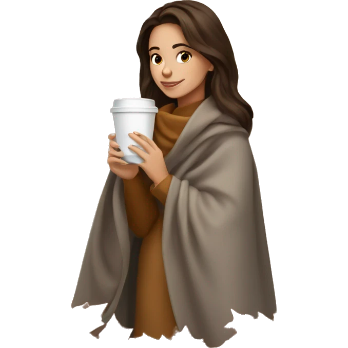Brunette girl autumn with blanket and coffee emoji