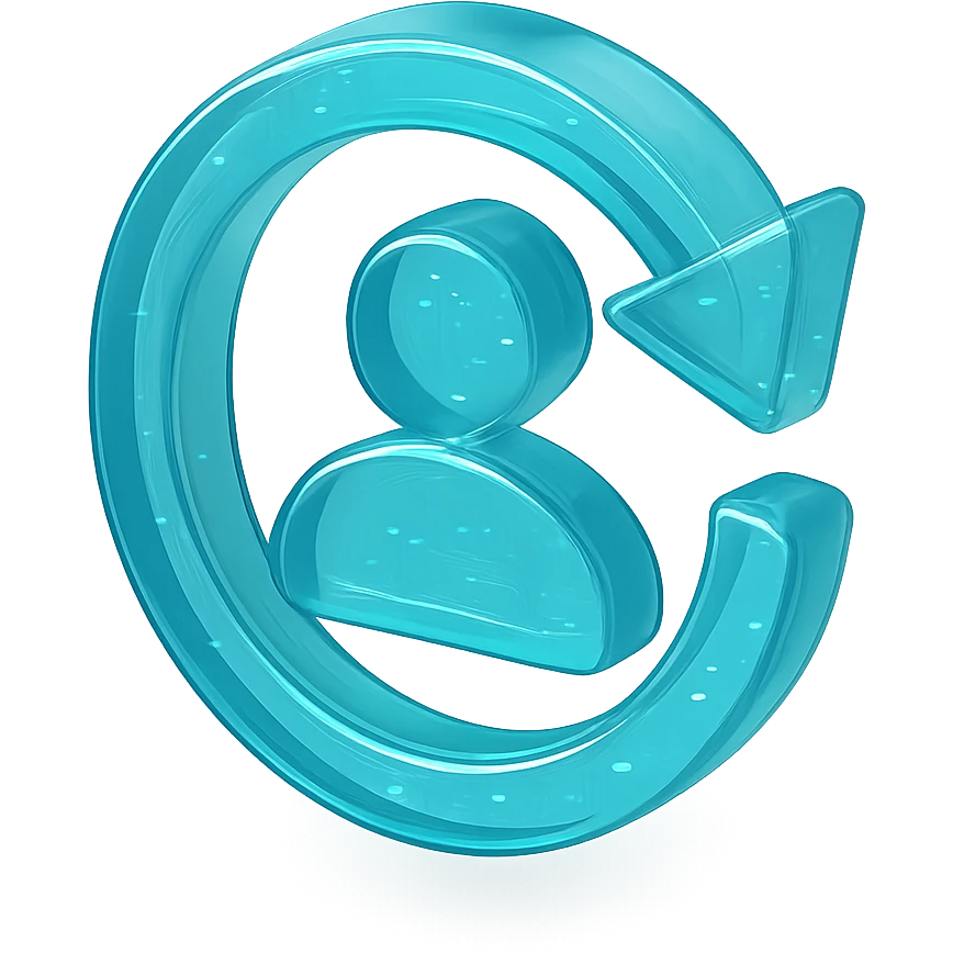 Icon of a circular arrow chasing a user silhouette, cyan blue emoji