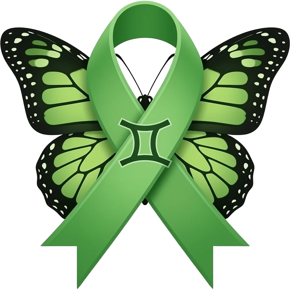 Green mental health ribbon butterfly tattoo Ideas adhered to an Aquarius emoji