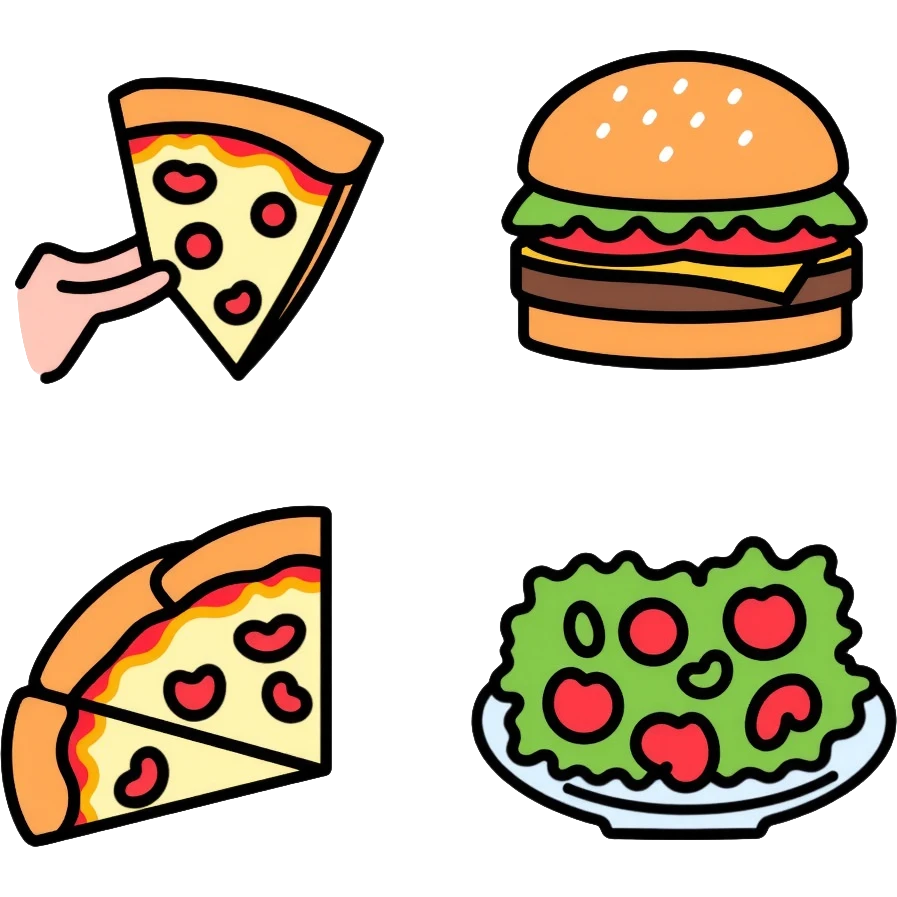 food icon set with pizza, burger, and salad emoji