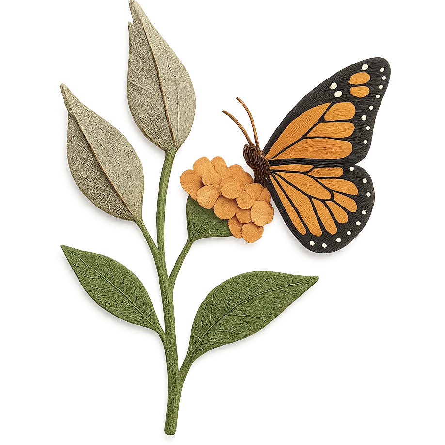 milkweed plant with seed pods and a monarch butterfly, delicate paper layers, expressive leaves, butterfly resting on a flower emoji