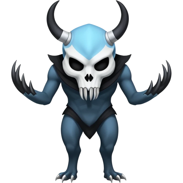 Shiny Dark Edgy  Duskull-Inteleon-Amaura-Fakémon-hybrid-creature (full body) with a horned animal-skull-mask emoji