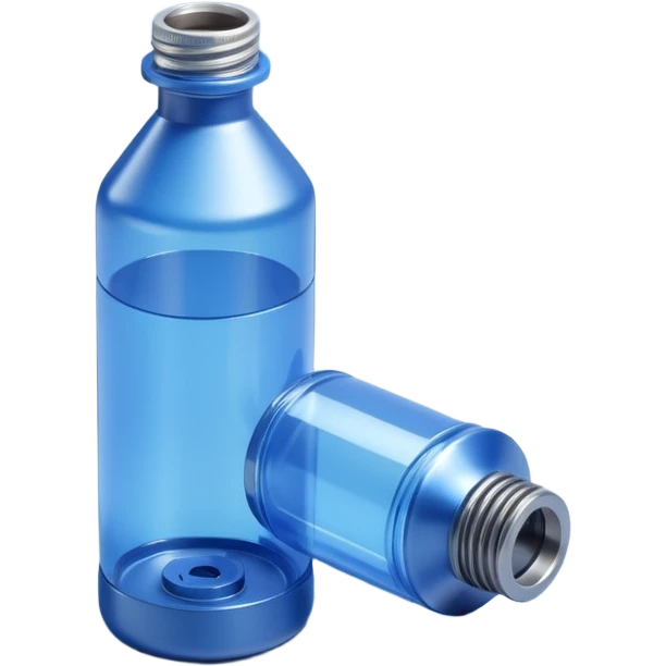 "A high-quality 3D isometric icon of a blue translucent PET plastic bottle standing next to a sleek metallic industrial gear. Clean studio lighting, white background, soft shadows, 3D clay render style, minimalist and professional." emoji