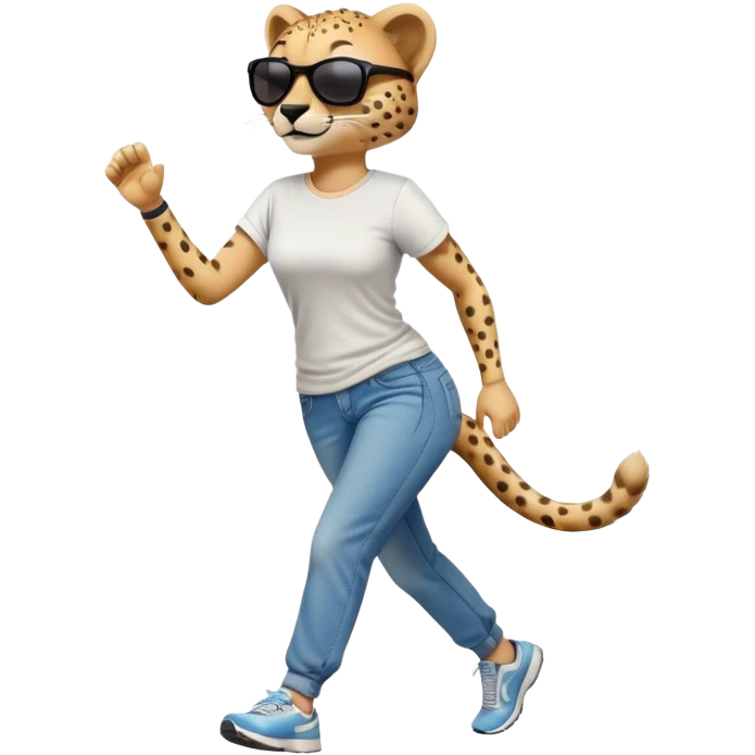 friendly anthropomorphised female cheetah in jeans and t-shirt, wearing dark sunglasses, jogging upright in relaxed pose emoji