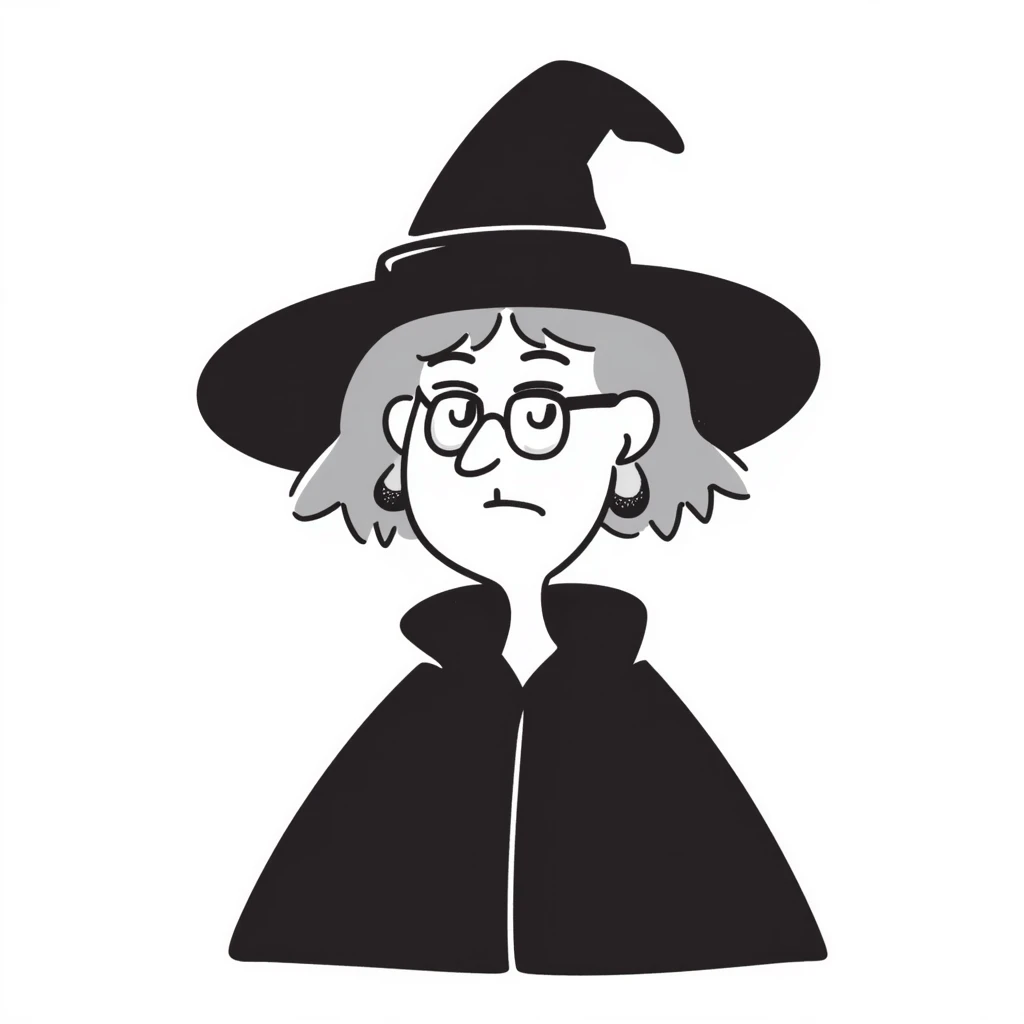 Angry Professor McGonagall with tight bun, square glasses, witch hat, stern expression, lips pursed in disapproval emoji