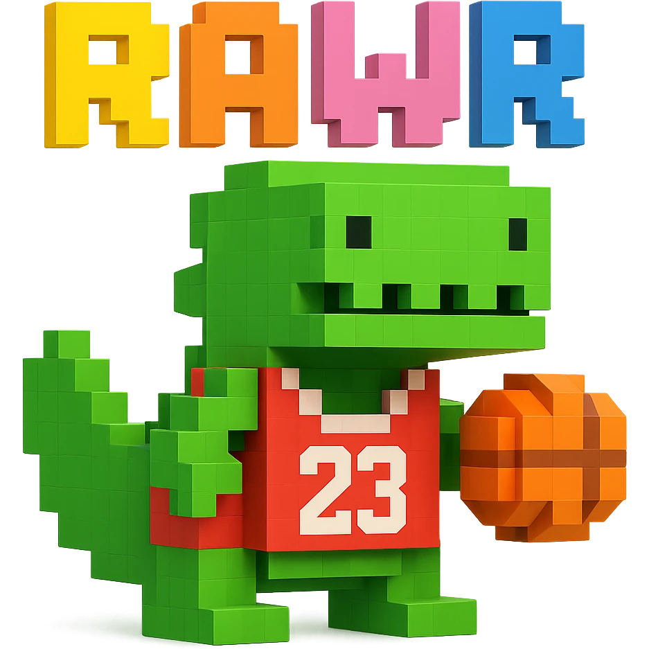 надпись "RAWR" и динозавр с баскетбольном мячом в майке с надписью "23", no background emoji