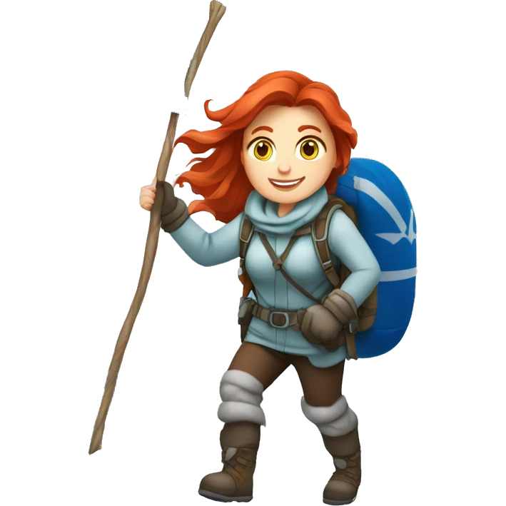 Female winter mountaineer red hair white skin climbing with Greek Flag and Easter eggs basket emoji