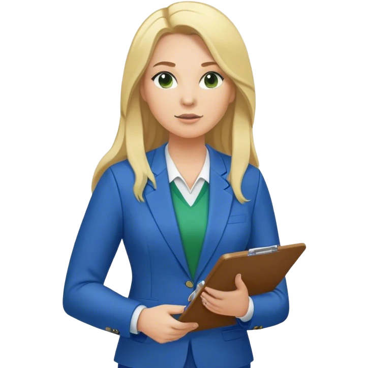 Full Body white plus size female basketball head coach using a clipboard with long blonde hair in a blue and green suit emoji