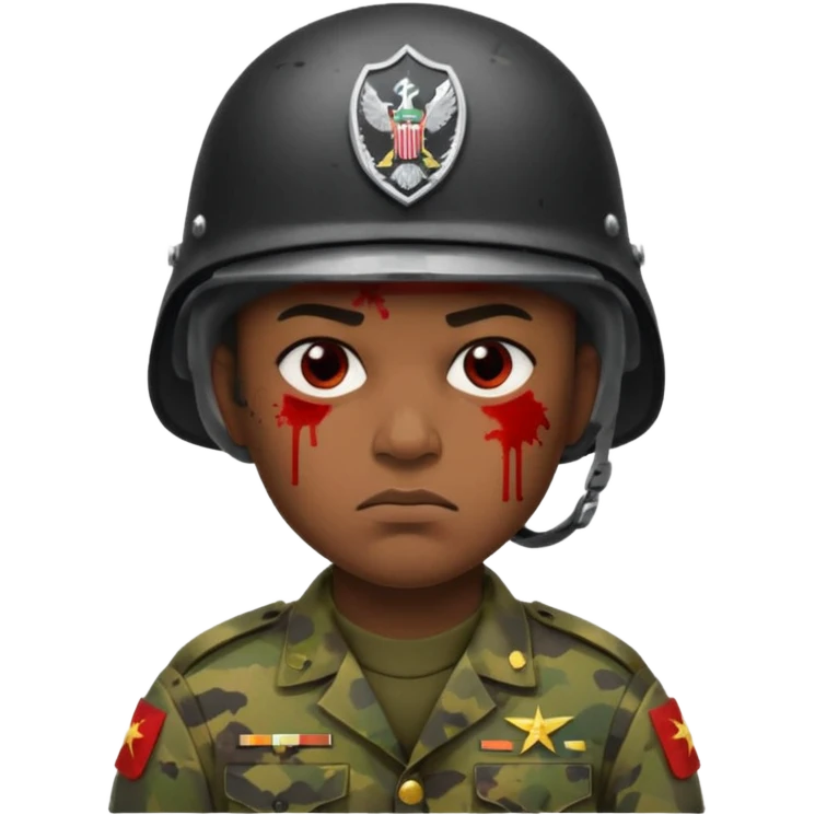 soldier with very melanated skin, scowling expression, blood splatter on left cheek emoji