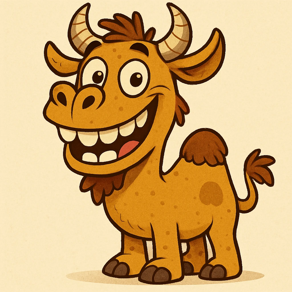 a friendly cartoon camel monster with horns and a big grin, cute, cartoon style emoji
