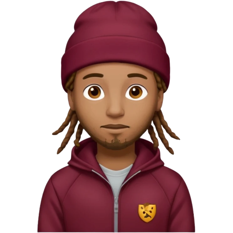 Animate a caramel skinned male with brown dreads and a tan colored  beanie with a burgundy tracksuit on with no beard  emoji