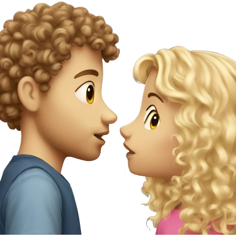 Curly brown haired girl kissing blonde haired boy emoji