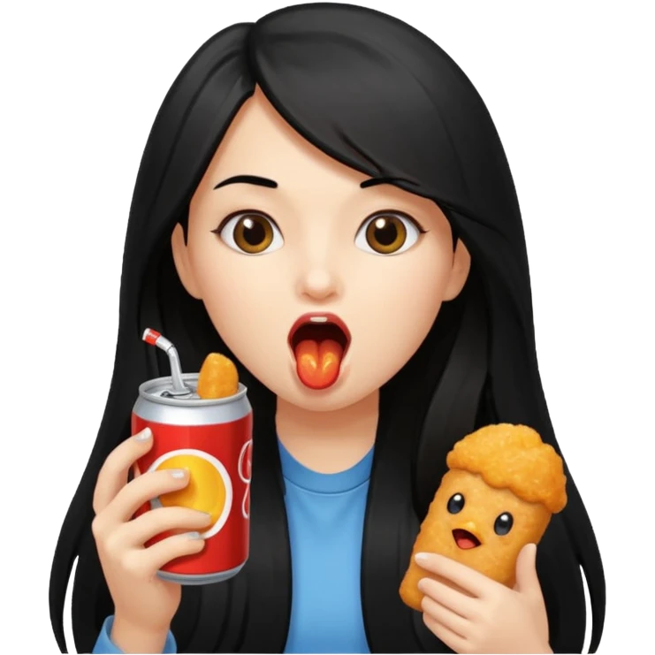 girl with long black hair eating with mouth on the chicken nugget and holding a soda can emoji