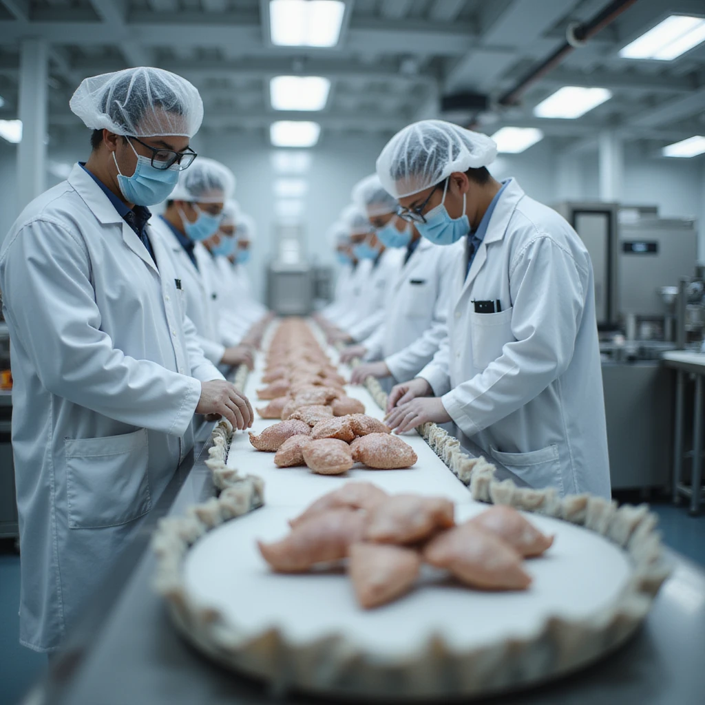 modern pharmaceutical production line with workers in lab coats and masks operating a conveyor belt selecting dried pig thyroid for purification, clean and bright environment, hyperrealistic 4K details emoji