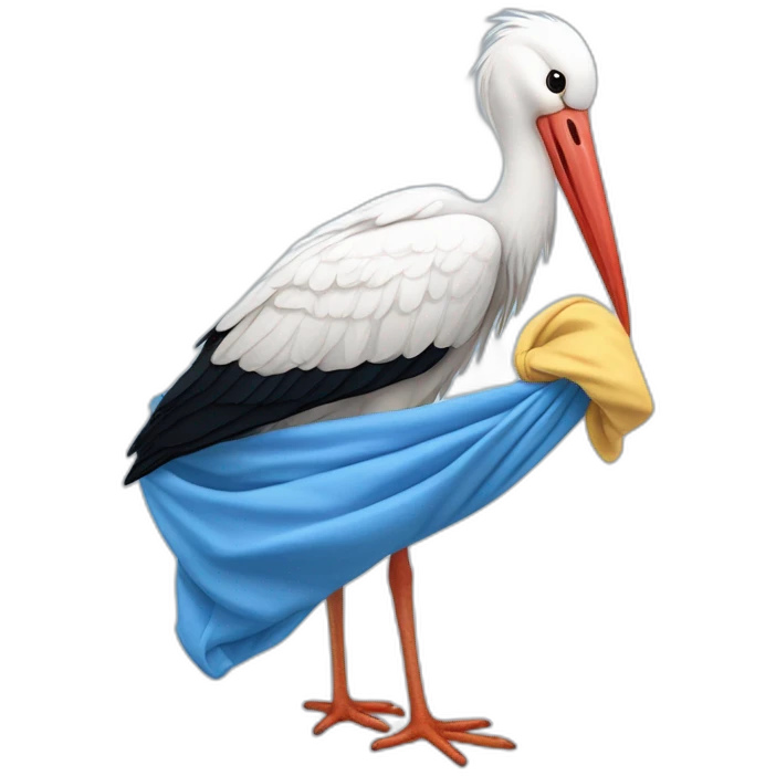 White stork carrying a blue bundle of cloth in its big beak that has a cute human person cute baby boy inside and his head is peeking from the fabric the strok is carrying in its beak emoji