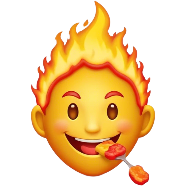 Crea un sticker de un personaje con cabeza de fuego, sonriente, que esté comiendo gomitas y que tenga colores llamativos y luminosos en tonos rojos, amarillo y naranja  emoji