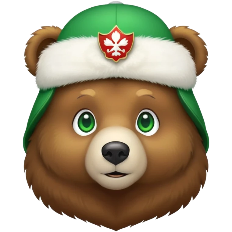 Cute brown bear with bright green eyes wearing a white fluffy Russian ushanka hat with clear Russian Federation emblem in the middle, iOS emoji style emoji