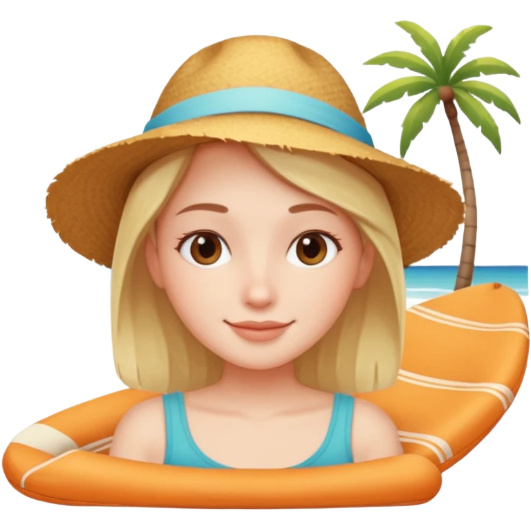 Emoji-style person relaxing on vacation, happy and content, rounded features, soft shading, emoji