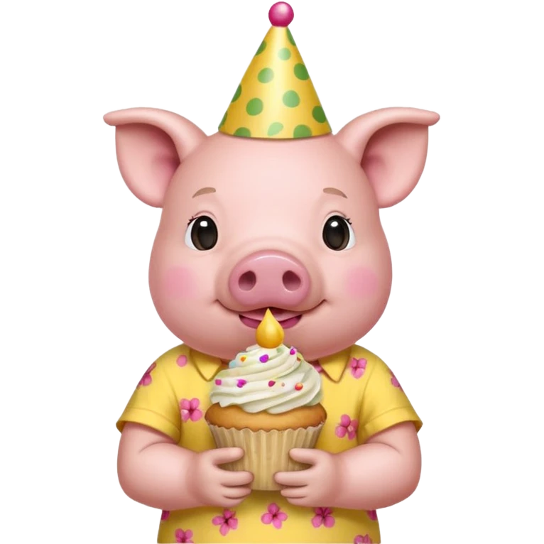 Pig with  yellow aloha shirt, birthday hat, holding a cupcake emoji