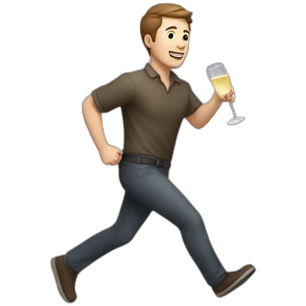 White man with very short brown hair runs with a carton of champagne emoji