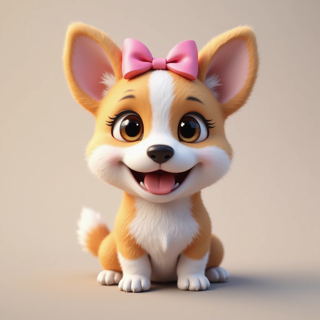 photorealistic female corgi with a pink bow on her head, cheerful expression, fluffy fur emoji