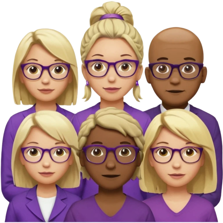 FIVE person team; 2 men and 3 women.  All dressed in yellow or purple.  
1 caucasian woman with blonde mid length hair
1 caucasian woman has ash blonde hair tied up.  
1 man is African-american and bald
1 man is caucasian and very little hair left.  
All have glasses emoji