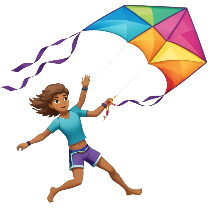 A person soaring through the sky while holding onto a colorful kite on a windy beach. The kite is catching the wind, and the backdrop features waves crashing on the shore, capturing the excitement and freedom of kitesurfing. emoji