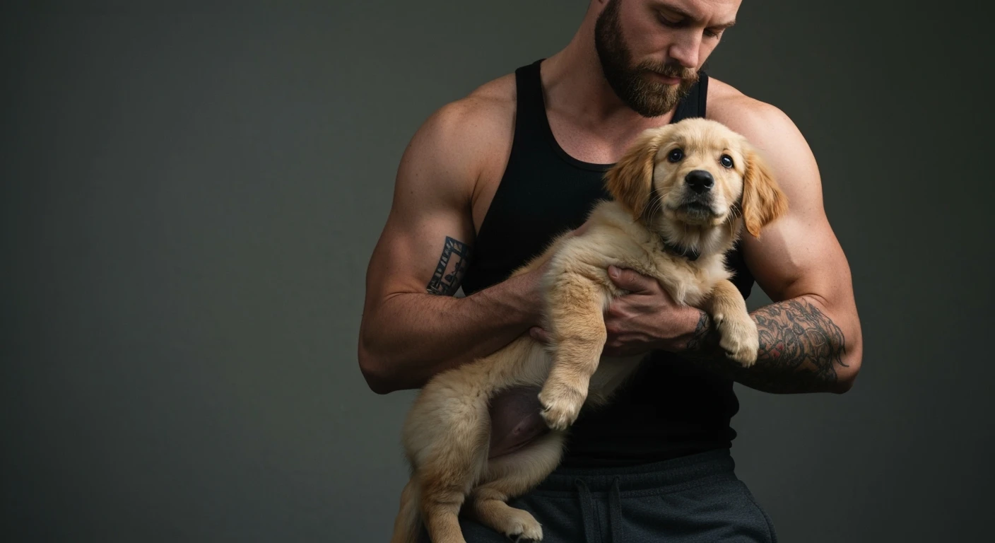 Photo of a musculated man holding puppy golden retriver, low key light emoji