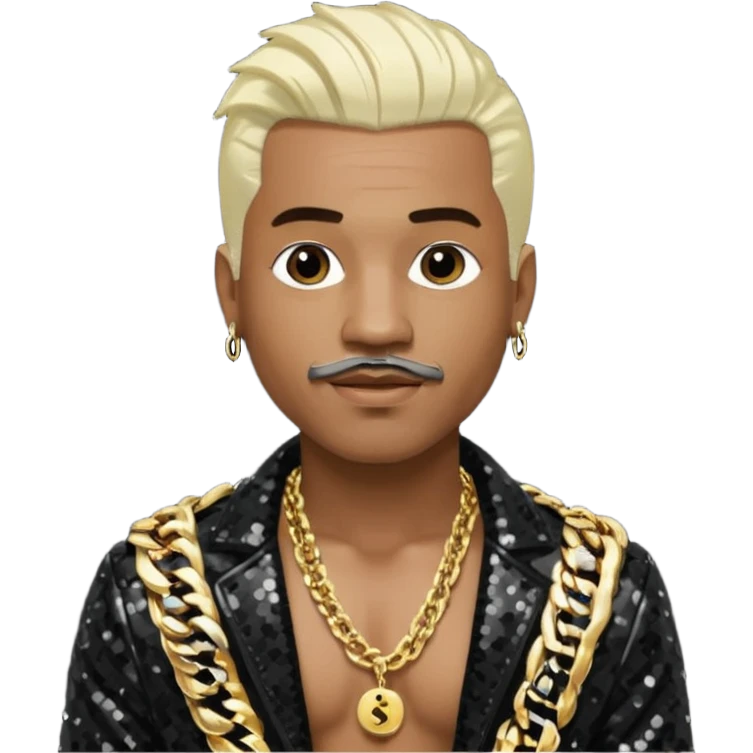 Sisqó with platinum blonde hair, black sequin jacket, shirtless with necklace, dark skin, dark brown thin mustache emoji
