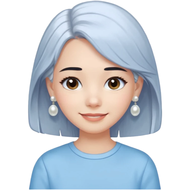  emoji of a smiling girl with a long bob haircut in black-brown color, fair tan skin, soft black eyebrows, and brown eyes. She's wearing a pastel blue shirt, has pearl earrings, and white clean hair clips. Her look is fresh and minimal clean girl aesthetic. Use a white background, emoji