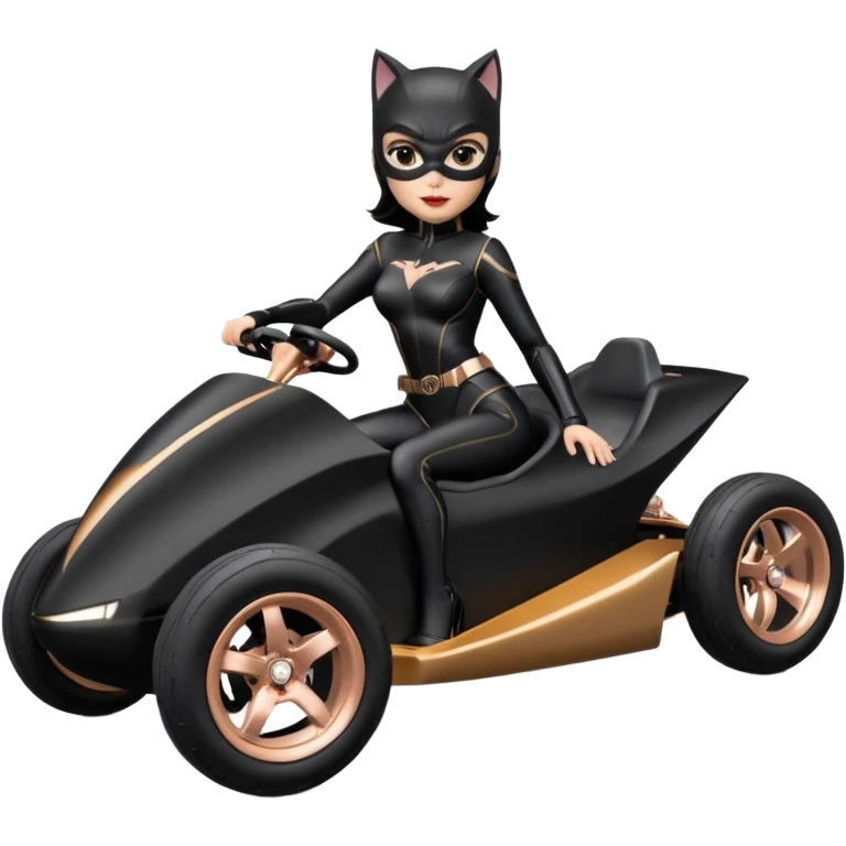 full size real-appearance electric road racing sexy CatWoman’s feminine midnight-colored tight outfit sixty’s tv show dark stealthy accurate sporty safe plush deluxe off-road pursuit cruiser car rose gold accents (black hair,reclined and relaxed torso and shoulders seating position) go kart  emoji