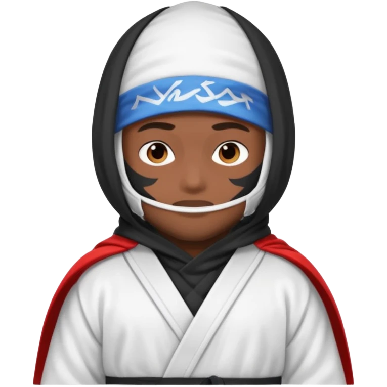 All white ninja robe with no black with white ski mask to cover face and neck with a hoodie on and dark brown skin color emoji