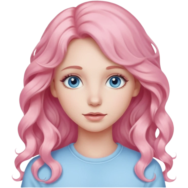a girl with blue eyes, long pastel pink wavy hair, subtle clean makeup emoji