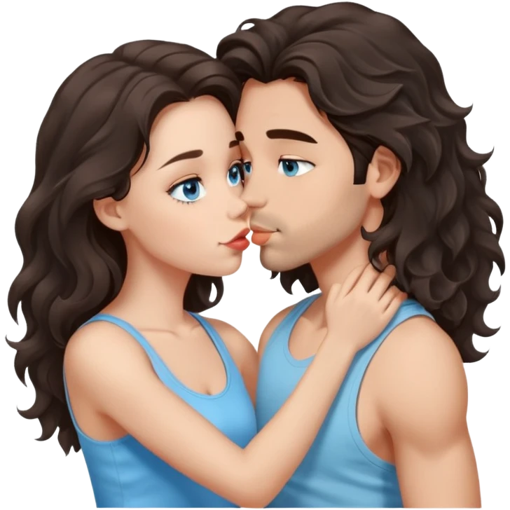 A girl with long, dark brown, wavy hair, grey-blue eyes, and a light blue tank top gives a kiss  emoji