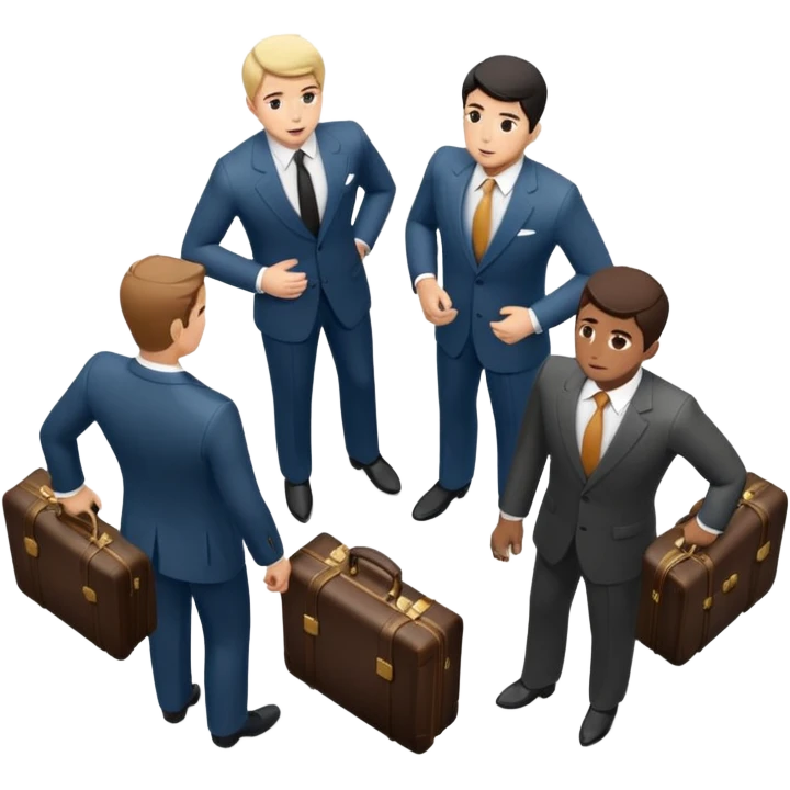 Три бизнесмена в дорогих классических костюмах стоят в замкнутом круге, вид сверху под небольшим углом. У каждого в руках чёрный кожаный чемодан, наполненный наличными деньгами.  emoji