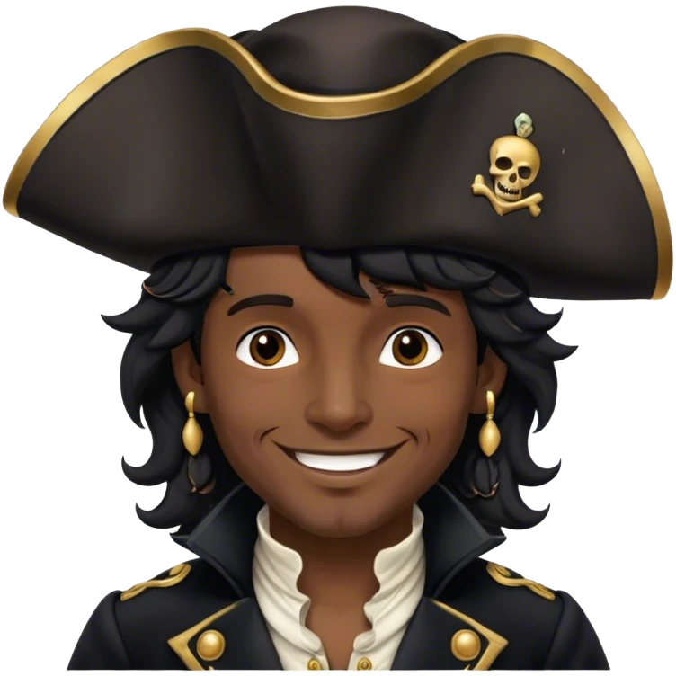 A charming man pirate with wavy black hair, wearing a decorated tricorn hat and a velvet coat, smiling confidently dressing color black emoji