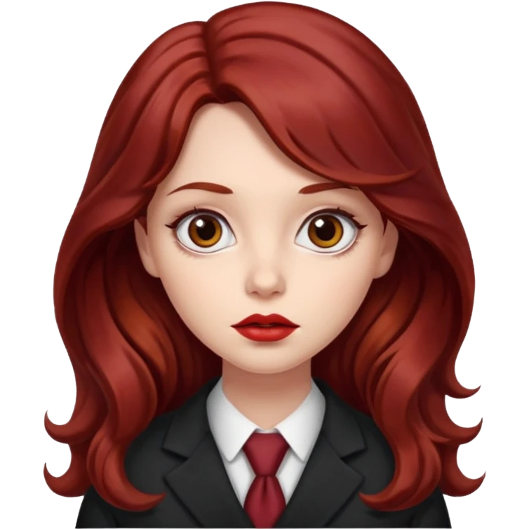 long and wavy dark red haired girl, with thick lips, big eyes and she looks like an attorney but feminine emoji