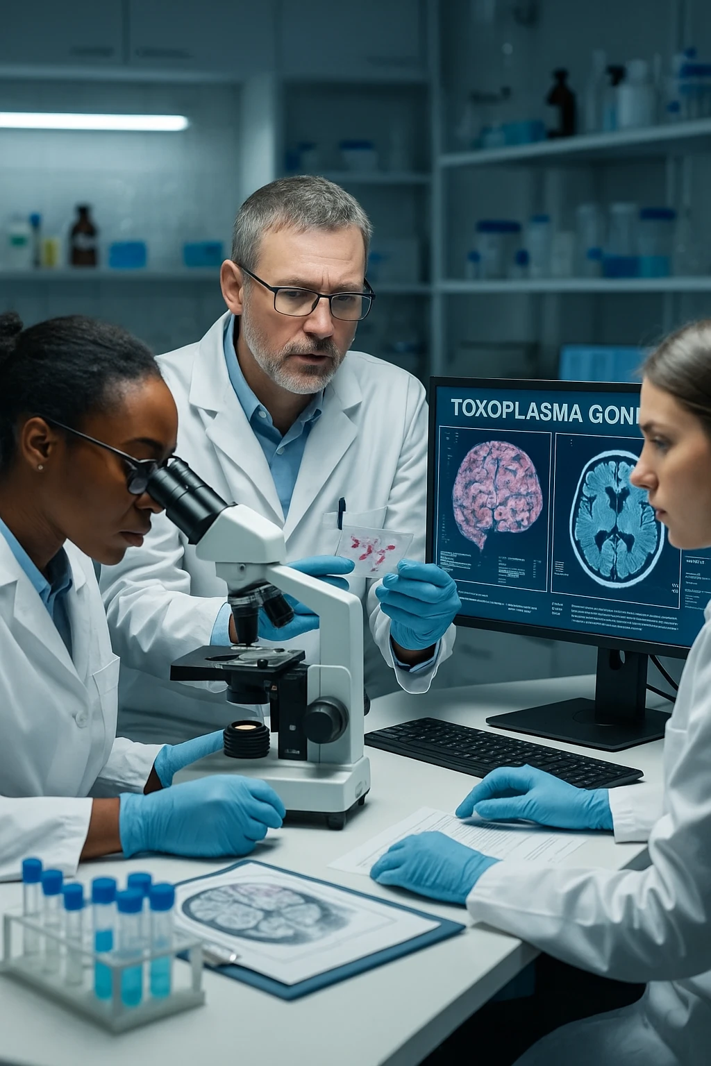 scienziati che studiano il toxoplasma gondii e le reazioni al cervello su umani emoji