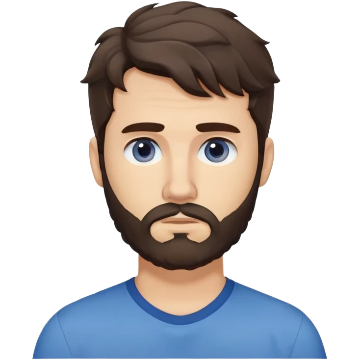 Caucasian man with wavy dark brown hair styled loose with wavy fringe, medium-length wavy hair, short full beard, neutral serious expression, simple blue shirt emoji