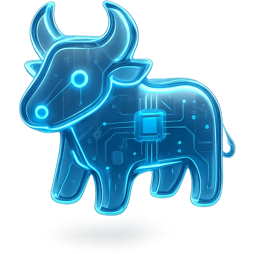 minimal high-tech bull icon with blue accents and glowing effect emoji
