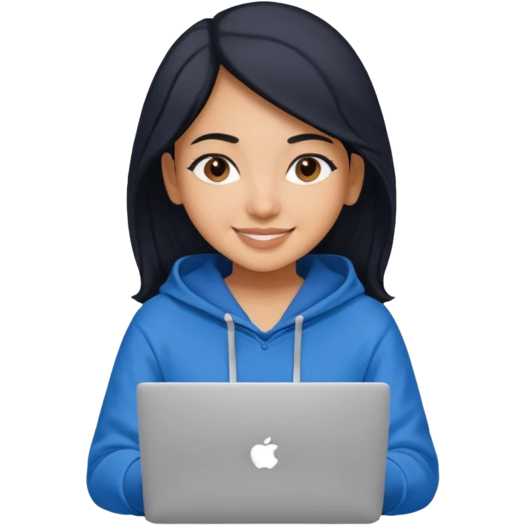 i am a brown south asian girl wearing a blue hoodie about to do a lot of computer work my skin is lighter and my hair is black. I use a macbook pro laptop emoji