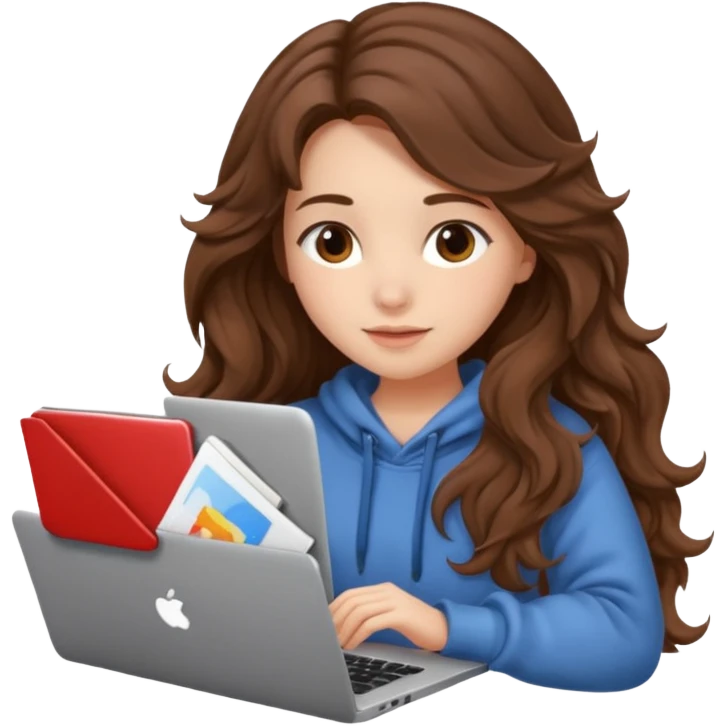 make a picture in ios 18 style of a girl with brown long wavy hair wearing cozy clothes and working on a laptop emoji