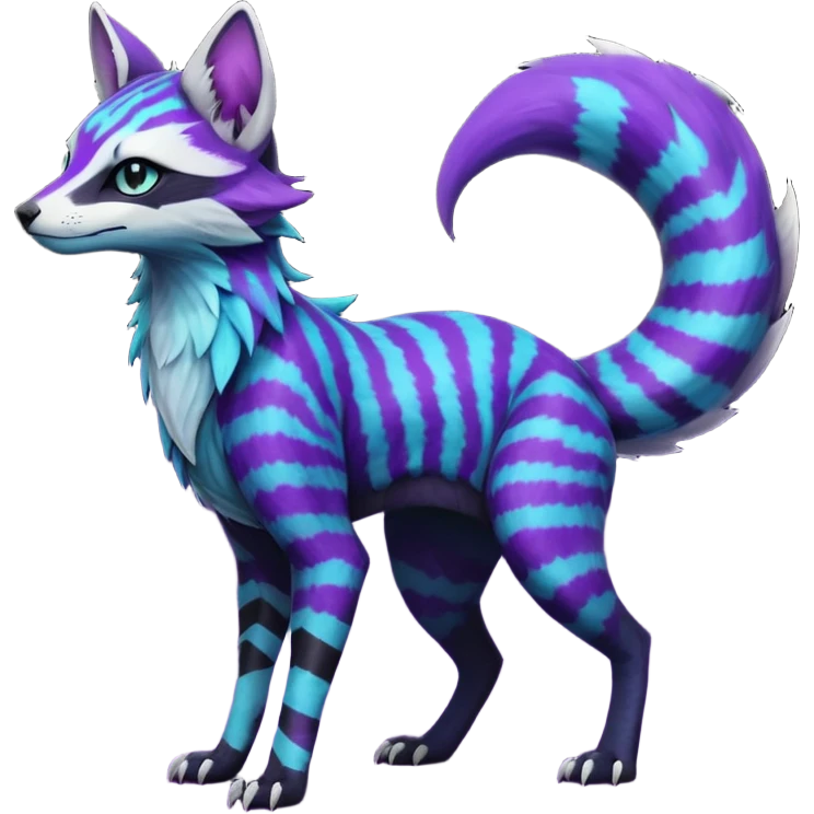 Feral Rare Fantasy  Black-Dark-Vortexed Lightning-strike-zig-zag-patterned striking purple-indigo-violet-blue-cyan-gradients with black points, white underside, galactic stormy edgy badass realistic Vernid-Sergal-Genet-Trico-species by LiLaiRa, random markings, tufted tail, tufted ears, full body emoji