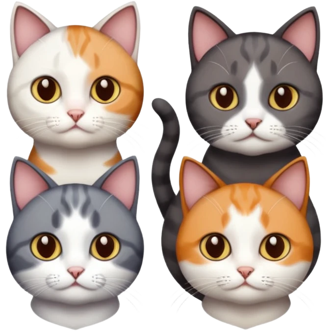 4 different coloured short haired cats including; a dark brown and white cat, and a dark grey and white, and a calico emoji