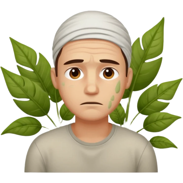 tired sad man with sweat on forehead, plant behind emoji