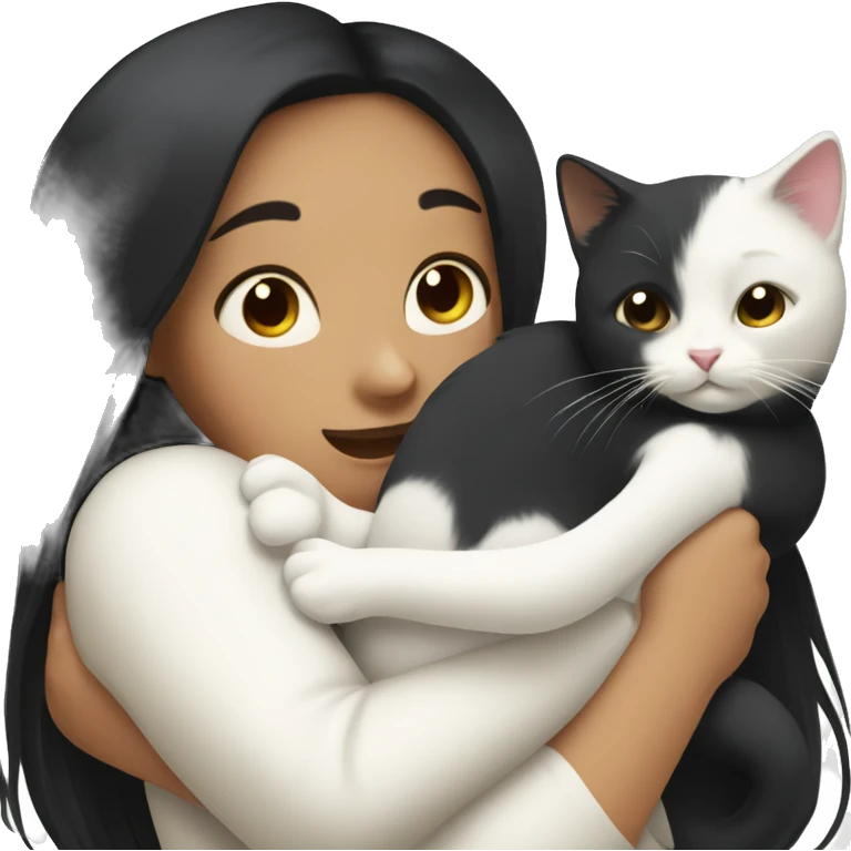 girl with very long black hair and  hugging a white cat emoji