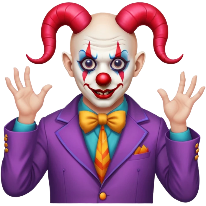 demonic clown wearing a leisure suit, bald with ram horns emoji