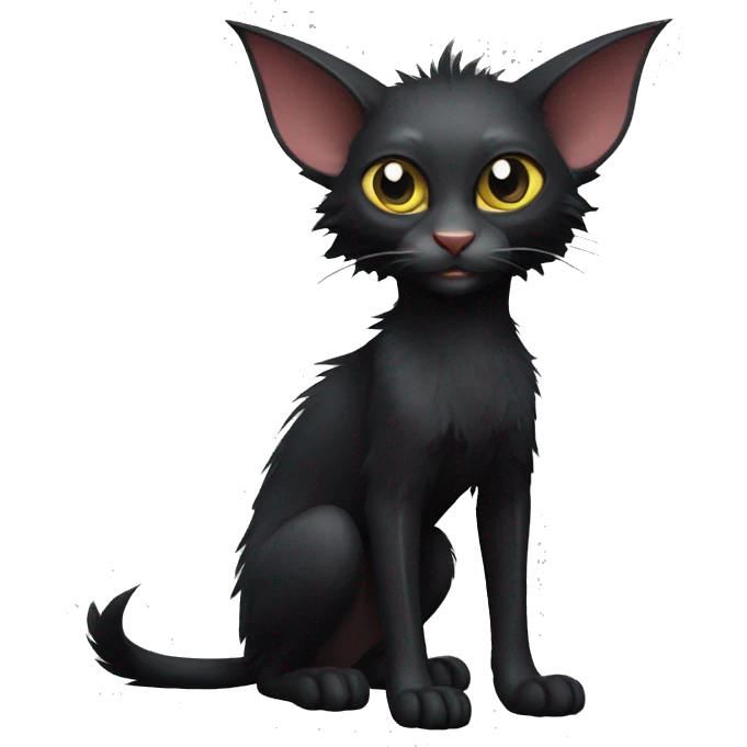 Black Lykoi Cat with Bat wings on head and big fangs full body emoji