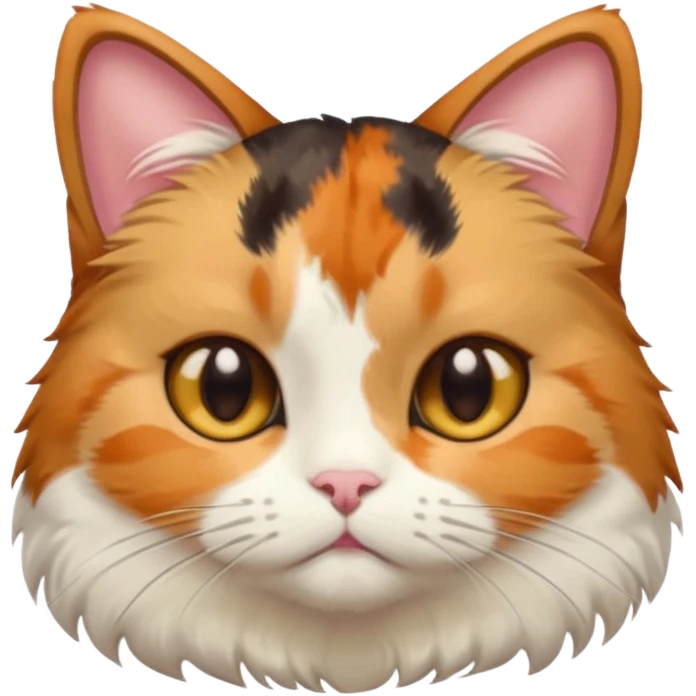 calico cat with small head, hazel eyes, and short but chubby body emoji